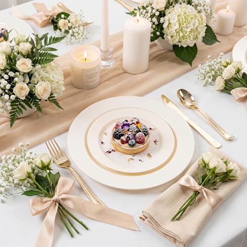 I00000 102 Pcs Ivory Plastic Plates, Disposable Party Plates Include 51 Ivory Dinner Plate 10’’ and 51 Plastic Dessert Plate 7’’ Perfect for Birthday, Party & Wedding (Pack of 2) - Image 2