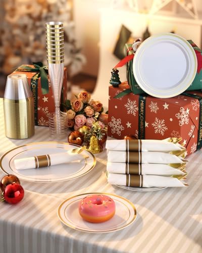 Goodluck 560PCS Fancy Disposable Dinnerware, White Gold Plate for 70 Guests - Image 5