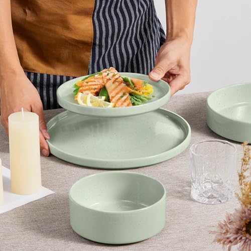 Herogo 8 Piece Plates and Bowls Set, Kitchen Dinnerware Sets with Pasta Bowls, Dinner Ware Dishes Service for 2, Chip & Scratch Resistant Porcelain Kitchen Dishware, Speckled Light Green - Image 4