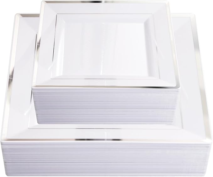 Liacere 100PCS White and Silver Square Plastic Plates - 50PCS Heavy Duty 9.5inch White Dinner Plate and 50PCS 6inch Dessert Plates-Silver Disposable Plate for Party＆Wedding＆New Year&Chrismas