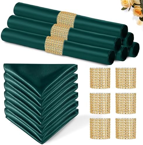 Dark Green Satin Napkins and Napkin Rings Set,100 Pack,12 x 12 Inch by Eychei