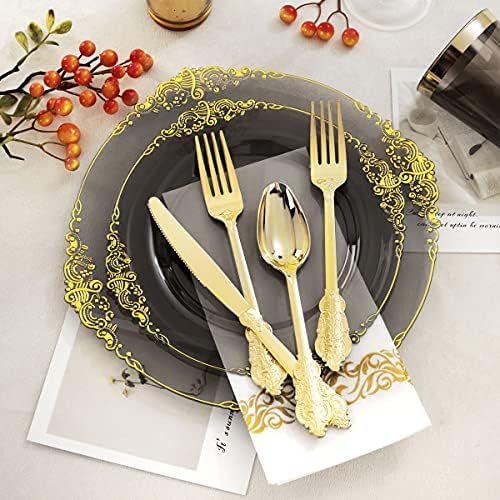 Nervure 175Pcs Black Plastic Plates, Plastic Dinnerware Set for 25 Guests - Image 5
