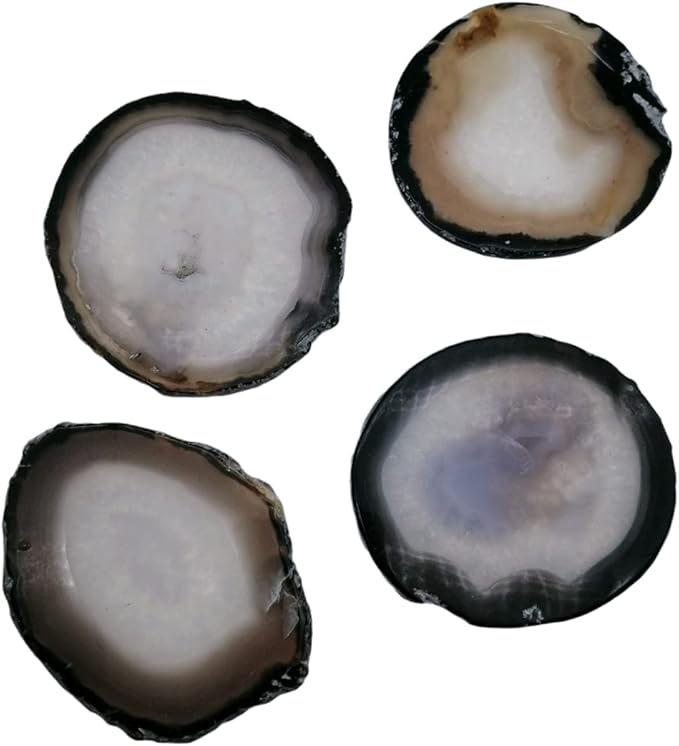 Gray Agate Coaster Drinks Crystal Cup Stone Coasters Set of 4 Geode Agate Slices with Rubber Bumpers for Coffee, Wine or Bar Glasses (4"-5")