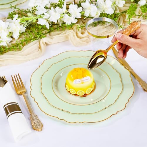 Liacere 175PCS Light Green Plates - Disposable Green and Gold - 25guest Baroque Dinnerware include 50Plates,25Pack Pre Rolled Napkins with Silverware 25Cups for Wedding ＆ Party & Spring - Image 4