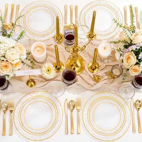 Ciaell 150PCS Clear Gold Plastic Plates - Disposable Gold Rim Plates include 25Dinner Plate, 25Dessert Plate, 25Forks, 25Knives, 25Spoons, 25Cups for Wedding & Party (Pack of 2) - Image 5