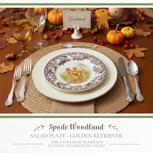 Spode Woodland Hunting Dogs Golden Retriever Salad Plate - 8" Fine Earthenware with British Flowers Border, Microwave, Dishwasher & Warm Oven Safe - Rustic Dog-Themed Tableware - Made in England - Image 2