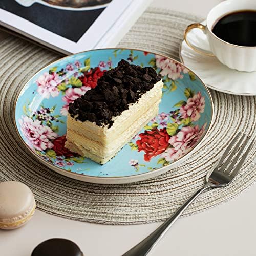 BTaT- Floral Dessert Plates Ceramic, Set of 4, 8 Inch, Assorted Colors with Golden Rim, Deep Porcelain Floral Plates Set of 4, Dishwasher Safe - Image 3