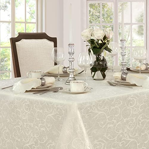 Newbridge Portofino Scalloped Damask Fabric Tablecloth, 52 x 70 Inch Rectangle, Ivory, Wrinkle and Stain Resistant Fine Dining Holiday Party Table Cover - Image 5