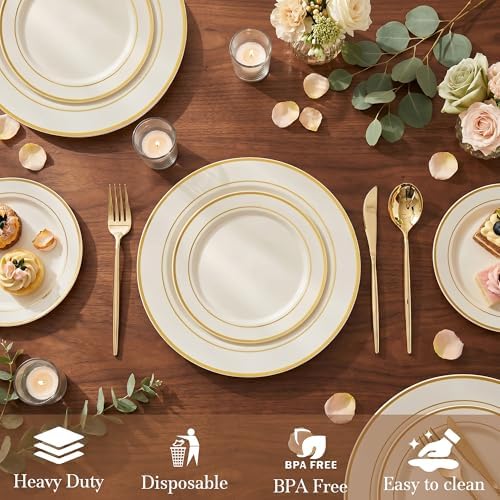 U-QE 100pcs Ivory Plastic Plates for Party - Ivory Gold Plastic Plates - Image 6