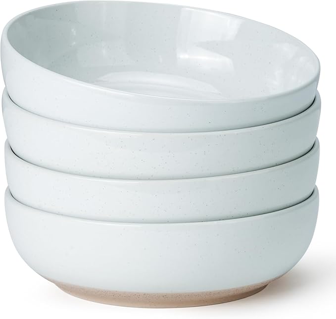 Pasta Bowls Set of 4, 34oz Speckled Ceramic Bowls Set for Serving Salad, Pasta, Soup, Dinner, 8" Wide and Deep Bowls, Dishwasher & Microwave Safe, Matte Terracotta Base (Gray White)