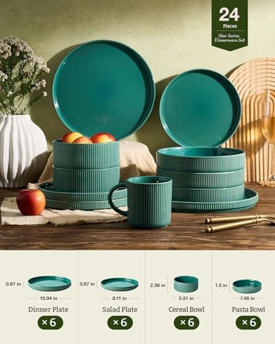 Famiware Stoneware Dinnerware Set with Pasta Bowls, Sage Green Dishes for 6 - Image 6