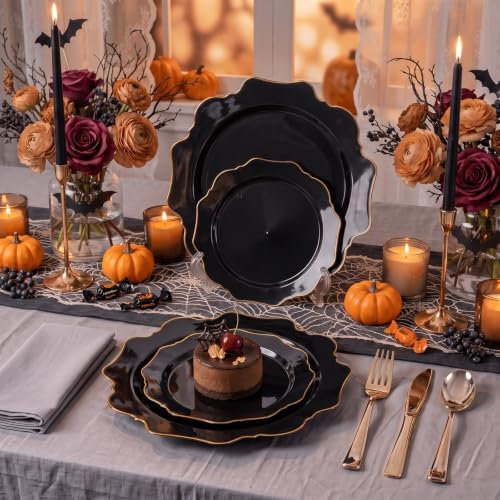 WDF 50PCS Black and Gold Plates - Black Disposable Plates for Halloween - Image 4