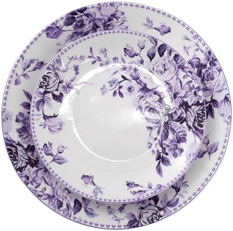 Elama Traditional Rose 16 Piece Porcelain Dinnerwar/Tableware Set, Service for 4 (Purple) - Image 3