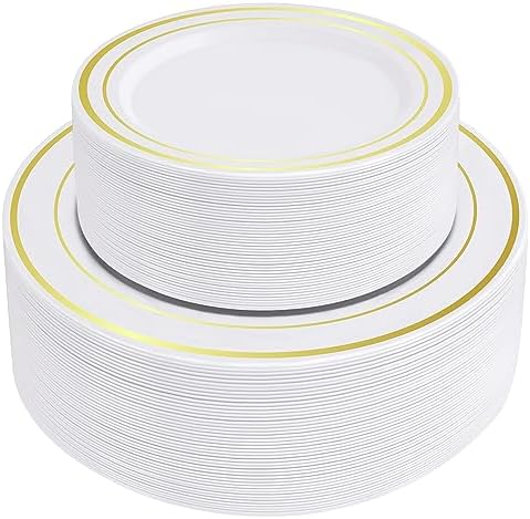 SETUP 100-Piece Gold Trim Plastic Dinnerware Set – 50 10.25" Dinner & 50 7.5" Salad Plates – Heavy-Duty Disposable for Weddings, Catering, Parties by SETUP