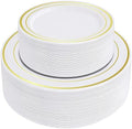 SETUP 100-Piece Gold Trim Plastic Dinnerware Set – 50 10.25" Dinner & 50 7.5" Salad Plates – Heavy-Duty Disposable for Weddings, Catering, Parties by SETUP