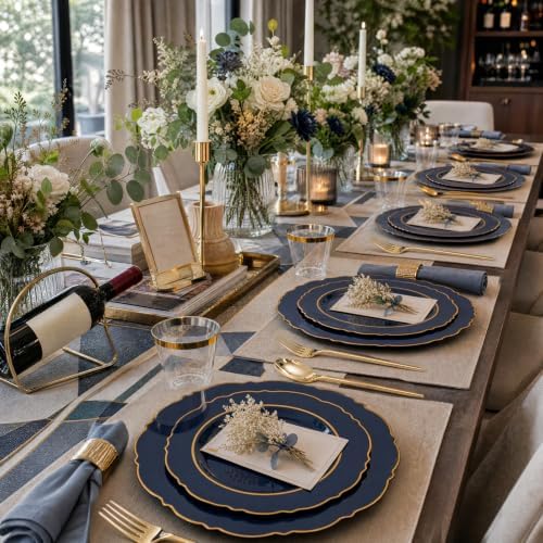Liacere 150Pcs Navy Blue Plastic Plates-Blue Gold Disposable Plates Set-Blue Gold Rim Disposable Plastic Dinnerware include 50Plates,25Pack Silverware and 25Cups for Wedding/Party/Halloween/Labor Day - Image 2