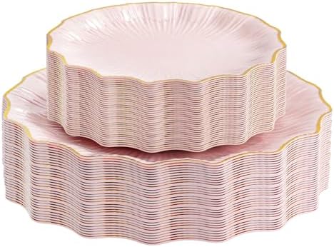 Rubtlamp 60Pcs Pink Plastic Plates - Pink Scalloped Plates with Gold Trim - 30 Dinner & 30 Dessert Platos, Heavy-duty Gold Plates for Party, Wedding&Mother’s Day (30 Guests) by Rubtlamp