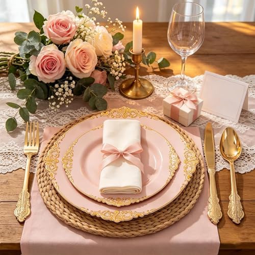 125PCS Pink and Gold Plastic Plates for Weddings Baby Shower Parties - Image 3