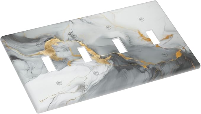 Light Switch Cover Gray/Gold Marble Abstract Modern Luxury 4 Gang Switch Plate Quad Toggle Wall Plates Decorative Switchplate Electrical Outlet Cover for Bathroom Bedroom Decor