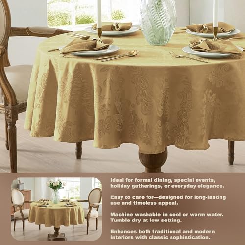 Newbridge Barcelona Damask Fabric Tablecloth, 90 Inch Round, Gold – No Iron, Soil Resistant Table Cover for Dining, Parties and Holidays - Image 4