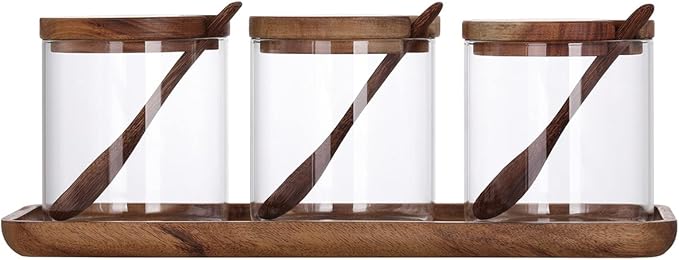 3 Pack 250ml / 8.5oz Clear Glass Spice Jar with Acacia Wooden Lid and Spoon, Classic Style, Kitchen Storage Container, 3.2 inches (diameter) x 3.5 inches (height)