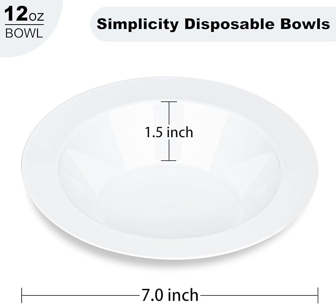 BESTVIP 200PCS White Plastic Bowls, 12 Oz Disposable Bowls Disposable Bowls for Christmas, Parties, Wedding, Soak Proof Bowls for Breakfast, Lunch, and Dinner Meals