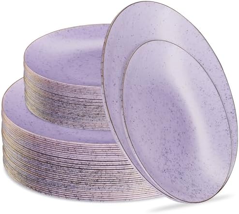 PLASTICPRO 64 Pack Elegant Disposable Plastic Plates Combo Set Includes 32 Dinner Plates and 32 Salad Plates Heavy Duty Fancy Party Plates Purple Granite Plates with Gold rim by PLASTICPRO