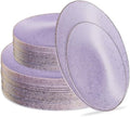 PLASTICPRO 64 Pack Elegant Disposable Plastic Plates Combo Set Includes 32 Dinner Plates and 32 Salad Plates Heavy Duty Fancy Party Plates Purple Granite Plates with Gold rim by PLASTICPRO