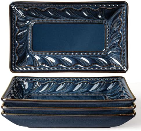 Artena Appetizer Plates Set of 4, 8.25" Embossed Ceramic Rectangular Dessert Plates, Deep Lipped Edges, Microwave & Dishwasher Safe, Salad Sushi Snack Serving Plates (Blue, Willow Leaf) by Artena