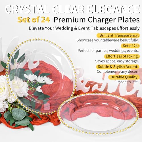 24 Pack Clear Charger Plates 13 Inch Acrylic Round Dinner Chargers with Gold Beaded Rim, Plastic Round Decorative Plates for Kitchen Wedding Party Home and Tabletop Decoration - Image 2