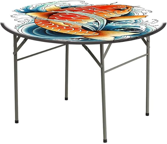 Small Round Tablecloth, Koi Fish Washable Polyester Table Cloth for, Tattoo Style Japanese Wave, Fit Round Tables 44inch Diameter, for Wedding Party Dining Banquet Use, Multicolor