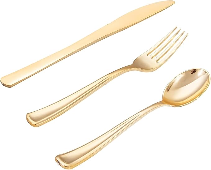 WDF 500PCS Gold Plastic Silverware Set Disposable - Gold Cutlery Set Plastic - 250Forks, 125 Spoons, 125 Knives for Birthday Wedding Valentine's Day