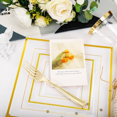Festiva 350Pcs Clear Plastic Plates with Gold rim - Clear Gold Disposable Dinnerware for 50 Guests include Square Plastic Plates/Cups/Cutlery/Napkins Perfect for Birthday Party&Wedding - Image 4