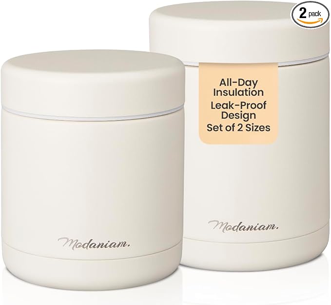 Stainless Steel Insulated Food Jar Set of 2 (16oz + 12oz) | Wide Mouth | Hot Food Lunch Container | Thermal Lunch Box | Insulated Soup Bowl | Hot & Cold Lunch Box for Adults, Teens | Vanilla