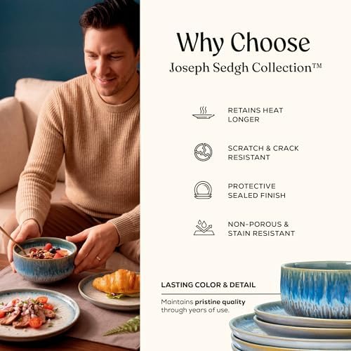 Joseph Sedgh Collection Durable Stoneware Dinnerware Set with Reactive Glaze Finish, 12-Piece, Talia Blue - Image 6