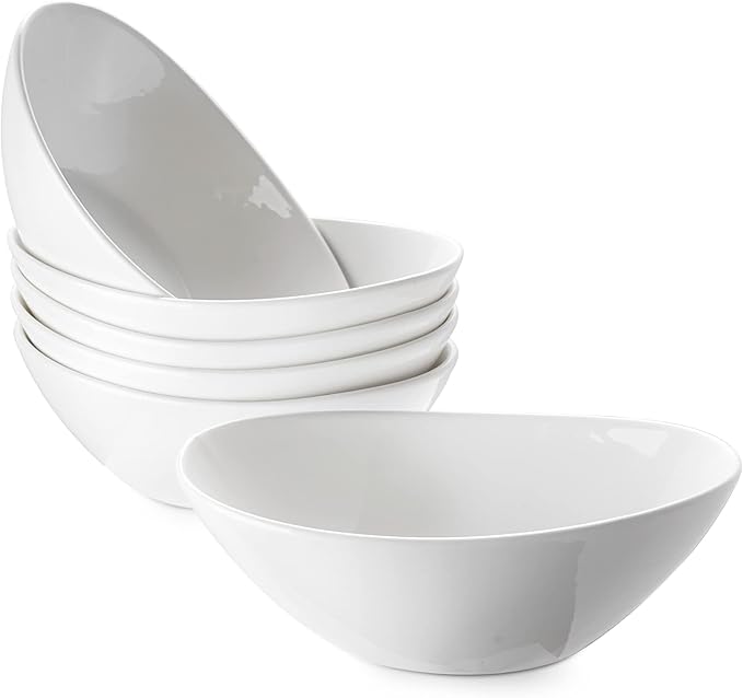 DOWAN Cereal Bowls, 12 oz White Ceramic Serving Bowl Set of 6, Oval Ice Cream Bowls for Snack Dessert Salad Pasta Soup, Microwave & Dishwasher Safe, Good Size for Garden Tea Parties