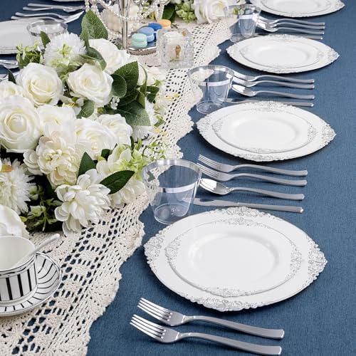Nervure 600Pcs Silver Plastic Plates, Plastic Dinnerware Set for 100 Guests - Image 4
