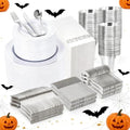 WELLIFE 700 Pieces Silver Plastic Dinnerware Set for 100 Guests - Includes Plates, Cups, Napkins, and Disposable Cutlery - Elegant White & Silver Design, Perfect for Parties and Events by WELLIFE