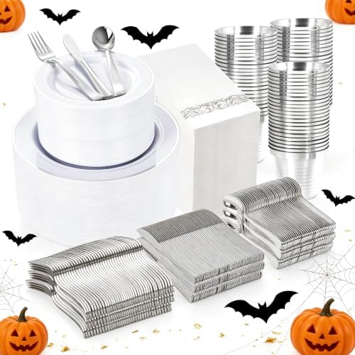 WELLIFE 700 Pieces Silver Plastic Dinnerware Set for 100 Guests - Includes Plates, Cups, Napkins, and Disposable Cutlery - Elegant White & Silver Design, Perfect for Parties and Events by WELLIFE