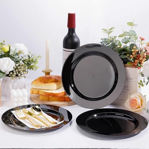 Bestluck 50PCS Plastic Plates Black, Disposable Dinnerware for 25 Guests - Image 5