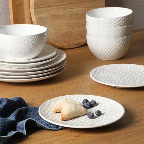 Gibson Elite Oyster Tide Embossed 12 Piece (Service for 4) Plates and Bowls Reactive Glaze Round Dishes Stoneware Ceramic Dinnerware Set, White - Image 6