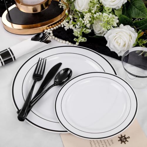 WELLIFE 350Pcs Black Plastic Dinnerware with Pre Rolled Napkins, Include:50 Dinner Plates, 50 Dessert Plates, 50 Paper Napkins, 50 Cups, 150 Plastic Cutlery - Image 4