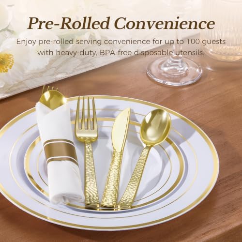 Goodluck 400PCS Gold Hammered Wrapped Silverware Set Disposable - Image 2