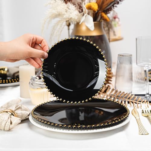 HOMIP 50PCS Disposable Black Plastic Plates with Gold Pearl-Beaded Rim - Image 5