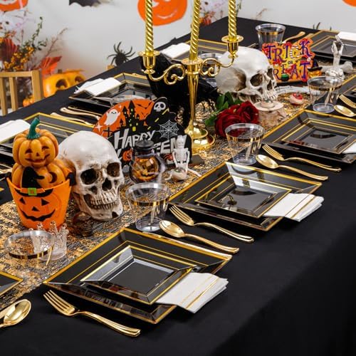Festiva 350Pcs Black and Gold Plastic Plates-50Guests Disposable Square Black Dinnerware Set include 100 Plastic Plates,50Cups,150Plastic Cutlery,50Napkins for Halloween &Wedding - Image 6