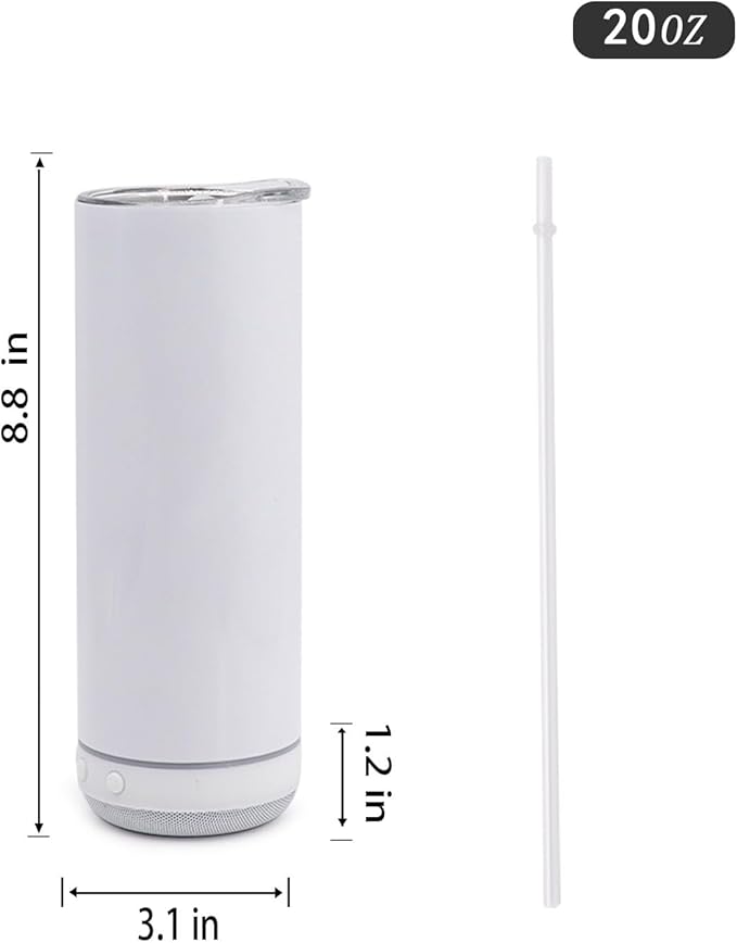20oz white Music Speaker Sublimation Blank Tumbler,1 Pack Straight with Straw and Lid,Speaker Tumbler Cup with Detachable for Valentine's,Father's Day,Mother's Day,Birthday Gift