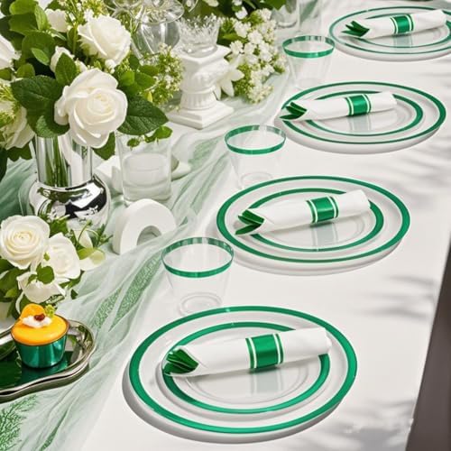 I00000 210Pcs Green Plastic Plates Set, Disposable Dinnerware Set for Party - Image 6