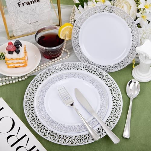WELLIFE 175Pcs Silver Dinnerware Sets, Include:25 Dinner Plates, 25 Dessert Plates, 25 Paper Napkins, 25 Cups, 75 Silver Silverware Set for Party and Weddings - Image 4