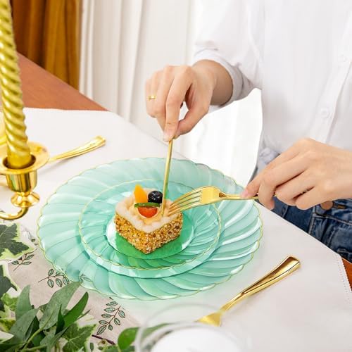 YOUBET 125PCS Clear Green Plastic Plates with Gold Rim for Wedding Party - Image 2