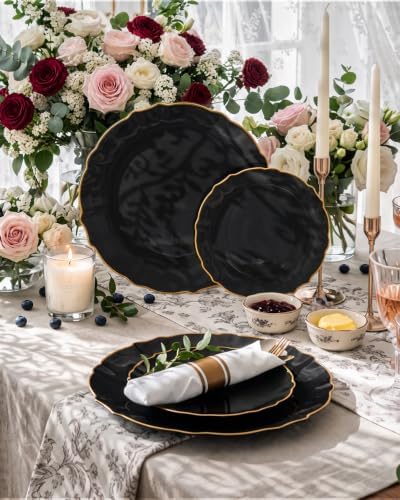 bUCLA 175PCS Black Plastic Plates - 25 Guests Gold Rim Disposable for Party - Image 3
